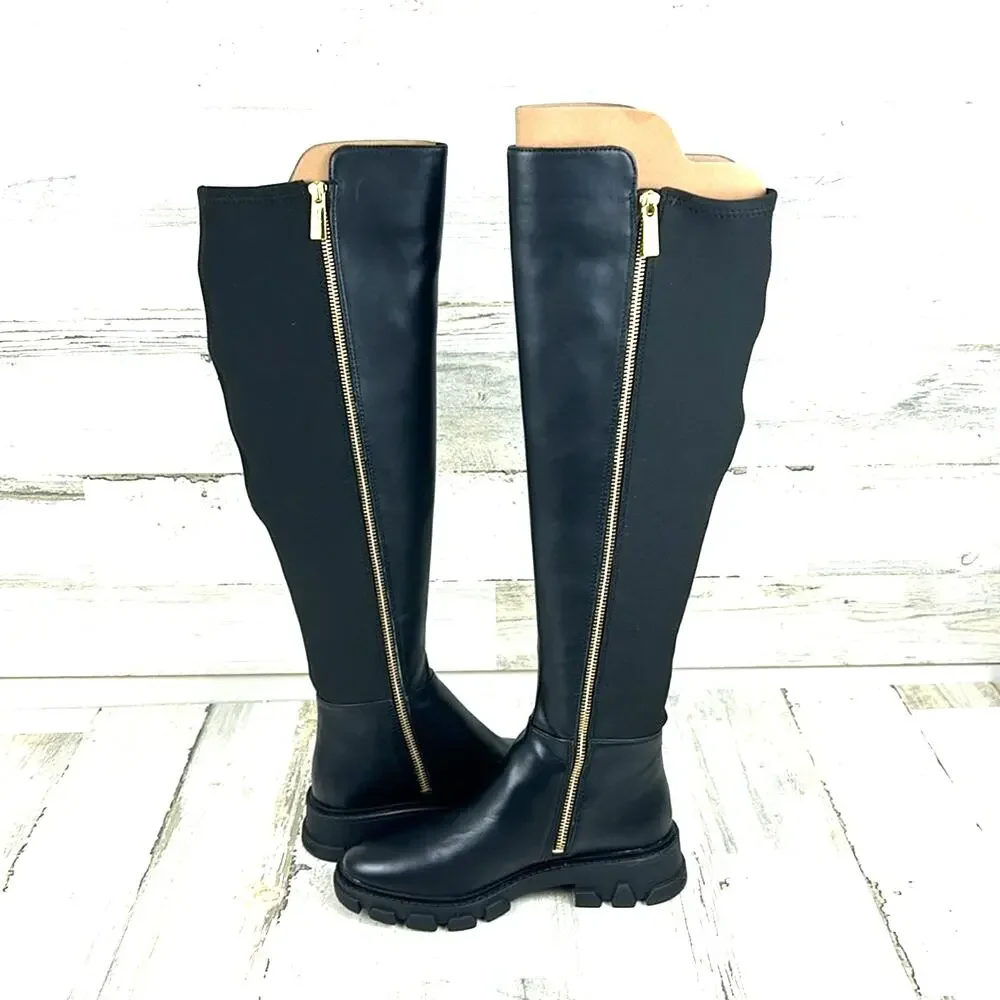 Michael Kors Womens 5 Black Ridley Leather Combat Knee High Boots NEW